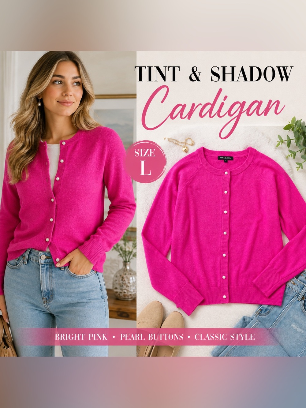 Tint & Shadow Pink Pearl Button Cardigan Sweater Women’s Large L Fuchsia